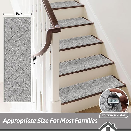 BEQHAUSE Edging Stair Treads for Wooden Steps 9" x 28", Non Slip Carpet Stair Treads Indoor Stair Runners, Soft Stair Rugs, Machine Washable, 100% Polyester, TPE Backing, 4pcs, Grey