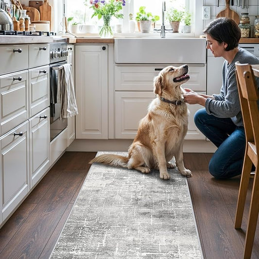 Washable 2x5 Hallway Runner Rug: Indoor Abstract Water Resistant Kitchen Entryway Rug Soft Living Room Bedroom Carpet Thin Low Pile Non Slip Floor Mat for Bathroom Laundry Room(2X5,Light/Grey)