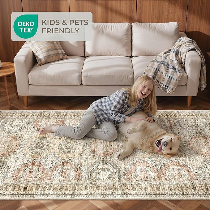 2x5 Rug Runner Washable for Entryway, Soft Bathroom Rugs with Non-Slip Backing, Abstract Low Pile Hallway Runner, Vintage Small Kitchen Carpet for Stair, Laundry Room(2'x5', Brown/Pink)