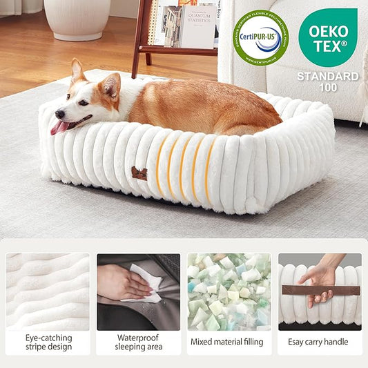 Washable Dog Bed for Small Medium Dogs - Rectangle Orthopedic Corduroy Fleece Pet Bed with Removable Cover and Nonskid Bottom, Calming Puppy Bed Soft Pet Sofa, Cream(30x24x8inchs)