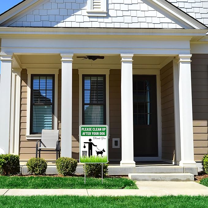 2PC Clean Up After Your Dog Sign with Stakes, 9 Inches by 12 Inches - Corrugated Plastic - Please Pick Up Your Dog Poop Yard Grass Lawn Sign