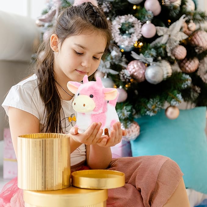 Easfan Walking Pink Cow Interactive Electronic Pet Plush Toy with Sounds and Movements Hopping Moving Educational Plush Toy Easter Birthday Gifts for Kids Girls, 7'',Pink