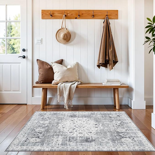 RUUGME 3x4 Washable Area Rug: Indoor Soft Low Pile Carpet for Kitchen Entryway Bedroom Non Slip Stain Resistant Rugs for Laundry Bathroom Vintgae Distressed Home Decor Floor Mat 3x4 Grey