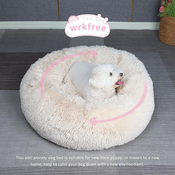 Small Dog Bed White Cream,Calming Dog Bed for Small Dogs,19 inches Donut Fluffy Pet Beds,Anti Anxiety Round Fits up to 10 lbs Soft Warm Pets Beds for Puppy Dogs Indoor