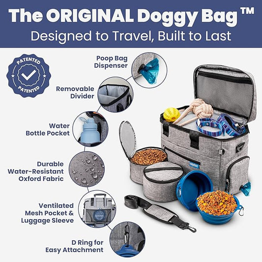 The Original Doggy Bag™ - Complete Dog Travel Bag for Supplies with 2 BPA-Free Travel Dog Bowls & 2 Pet Food Containers - Traveling Kit for Road Trips, Camping, Weekend Away or Doggy Gift: Grey