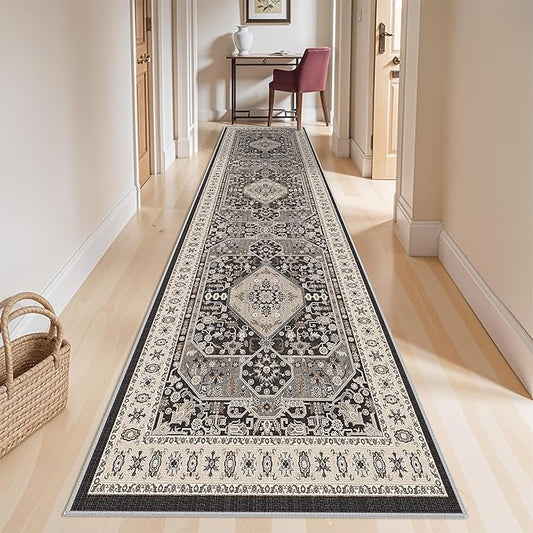 Kitchen Runner Rug 4x12 Washable - Wide Vintage Hallway Entryway Rugs with Non Slip Backing Indoor Stain Resistant Thin Carpet for Living Room Bedroom Ultra Soft Home Decor Floor Mat 4'x12' Black