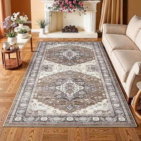 4x8 Washable Hallway Area Rug: Vintage 8ft Soft Runner Rug for Living Room Entryway Non Slip Water Resistant Wide Soft Carpet for Kitchen Bedroom Thin Floor Mat for Bathroom Dining Room(Brown,4x8)