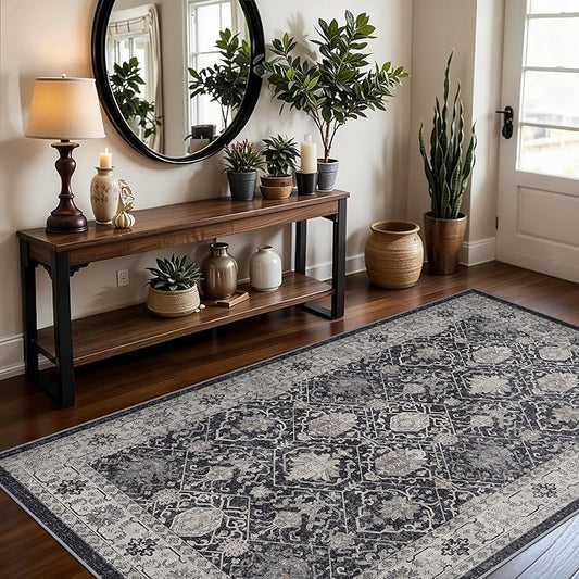 4x6 Living Room Area Rugs: Washable Non-Slip Boho Decorative Rugs for Bedroom Nursery Low Pile Neutral Small Carpet for Kitchen Dining Room Non-Shedding Floor Mat for Kids Room Office (4x6,Black)