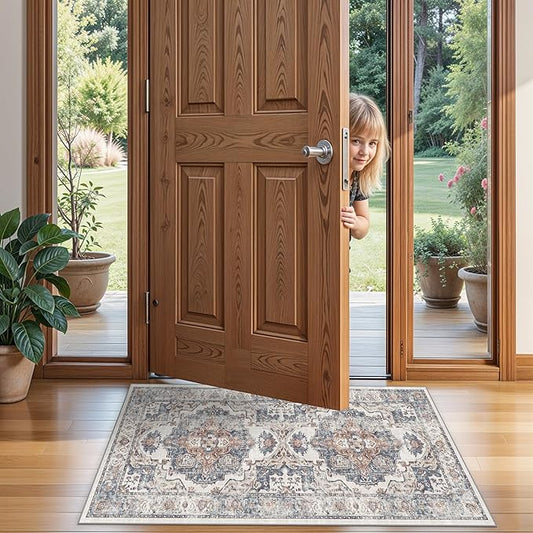 2x4 Washable Kitchen Runner Rug: Vintage Non-Slip Low Pile Entryway Area Rugs Thin Light Weight Carpet for Nursery Bedroom Soft Water Resisitant Floor Mat for Bathroom Laudry Room(2x4,Brick)