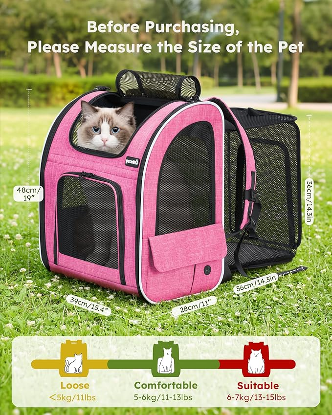 Pecute Cat Backpack Carrier Expandable, Pet Backpack for Cats & Small Dogs Up to 11lbs, with 4-Side Breathable Mesh, Multi-Entry & Lockable Zippers for Travel, Hiking, Camping - Hands Free, Pink