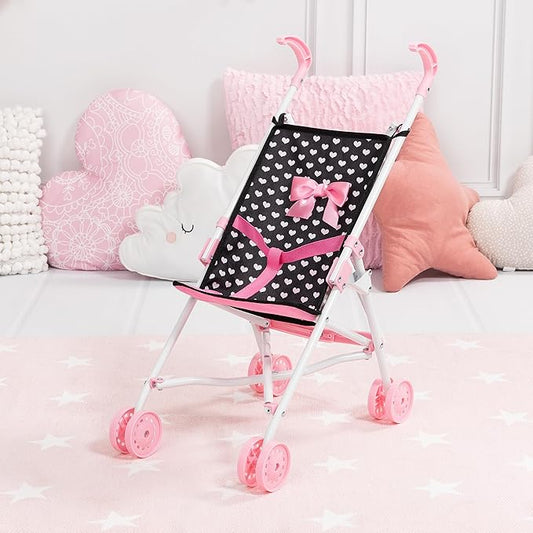 Bayer Doll Stroller Foldable Umbrella - Black & Pink Hearts, 18 inch