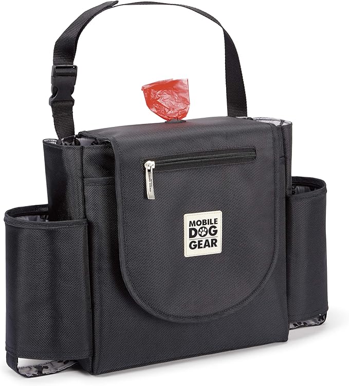 Mobile Dog Gear, Car Seat Back Organizer Travel Bag, Includes Built-in Waste Bag Dispenser and 1 Bag Roll, Black, Meets Airline Requirements
