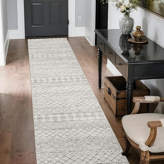 Hallway Runner Rug 2x10: Washable Non-Slip Moroccan Carpet for Kitchen Entryway Bedroom - Soft Stain Resistant Easy Clean Mat for Family with Pets 2x10 Geo Grey