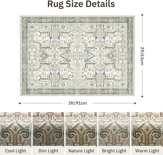 Washable 2x3 Entryway Area Rug - Small Non Slip Vintage Kitchen Runner Rugs Indoor Entrance Soft Neutral Stain Resistant Bathroom Mat Farmhouse Carpet for Bedroom Living Room Entry Laundry 2'x3' Green
