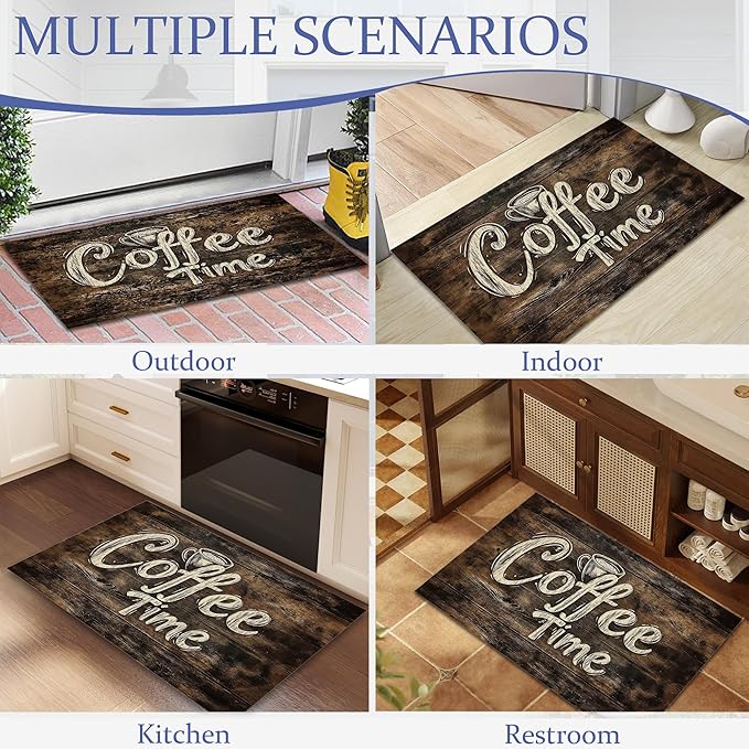 Door Mat, Retro Coffee Time Rugs for Front Door,Non-Slip Rustic Wood Board Low Profile Indoor Outdoor Welcome Mat for Entry Patio, Porch, Hallways,Kitchen 30 x 17 Inch