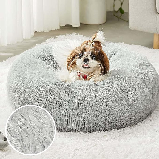 WESTERN HOME WH Calming Dog & Cat Bed, Round Soft Anti-Anxiety Donut Cuddler Warming Cozy Fluffy Faux Fur Plush Cushion Bed for Small Medium Dogs and Cats (20"/24"/27"/30"), Smoke Grey