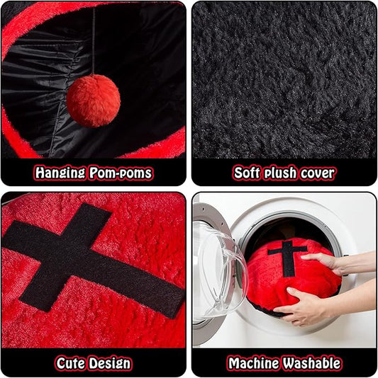 Gothic Cat Bed, Coffin Cat Tunnel House with Washable Cushion, Fits Indoor Cats up to 25 lbs, Cute Peekaboo Cave Pet Bed for Kittens, Rabbits, Halloween Goth Design, Black Red