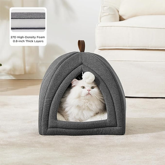 Bedsure Cat Beds for Indoor Cats - 2 in 1 Cat Cave House Tent for Kittens and Small Pets with Removable Washable Cushioned Pillow, Foldable Kitten Hideaway with Non-Slip Bottom, Dark Grey, 16 inches