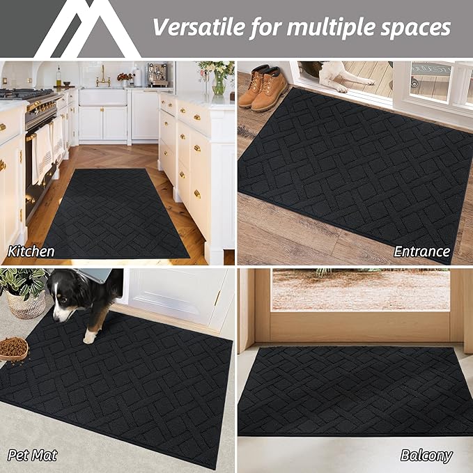 COSY HOMEER Door Mat Indoor Entrance, Non-Slip Absorbent Doormat for Front Door, Low-Profile Entryway Mat for Dirty Paws, Washable Dirt Trapper Mats (20"x32", Black)