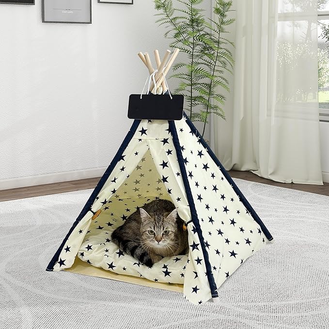 Pet Tent/Tipi for Cats & Dogs - Washable Canvas, Foldable Pet Teepee with Anti-Slip Base & Detachable Cushion | Indoor/Outdoor Safe Shelter for Pets-Beige-L