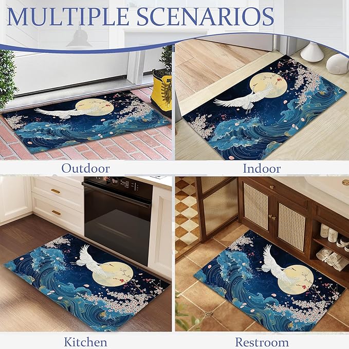 Indoor Rugs for Entryway,White Crane Welcome Mat for Home,Vintage Blue Sea Wave Low Profile Entrance Rugs Non-Slip Doormats for Back Door Patio, Porch,Home Stairway,30 x 17 Inch