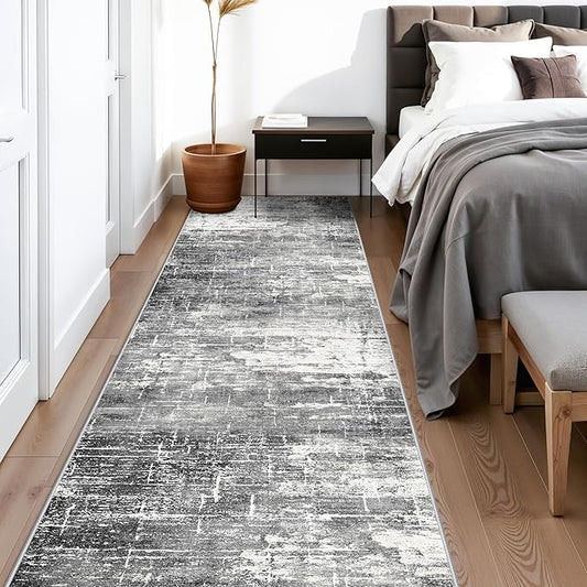 Abstract 14ft Long Runner Rug: Non-Slip Washable Rug Runner Low-Pile Soft Beside Carpet Indoor Farmhouse Entryway Floor Mat Bathroom Living Room Cozy Stain Resistant Area Rugs(2'6x14,Black/Grey)