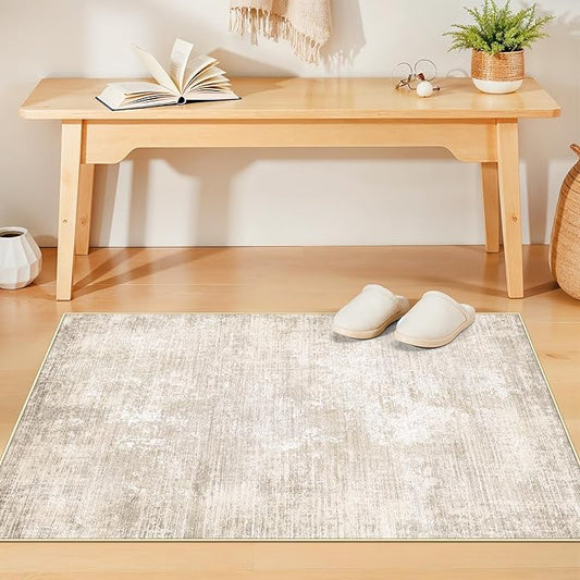 Washable 3x4 Hallway Runner Rug: Abstract Soft Entryway Doormat Water-Resistan Bathroom Kitchen Carpet with Non-Slip Backing Modern Living Room Bedroom Dining Room Decorative Carpet(3x4,Warm/Beige)