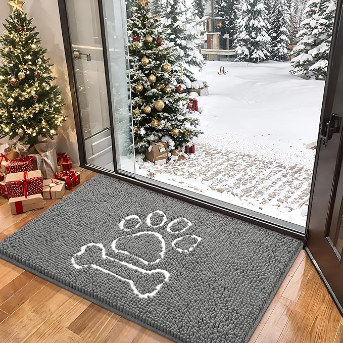 AROGAN Doormat Dog Chenille Doormats Indoor Entrance Grey, Pet Door Mats Washable for Mud Entry Busy Area Dogs Muddy Pawprints 36x24 Inch