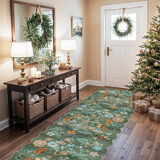 Washable 3x10 Hallway Runner Rug: Floral Scalloped Soft Runners for Entryway Kitchen Nursery Non Slip Bathroom Floor Mat Water Resistant Light Weight Carpet for Living Room Bedroom (3x10 Floral/Green)