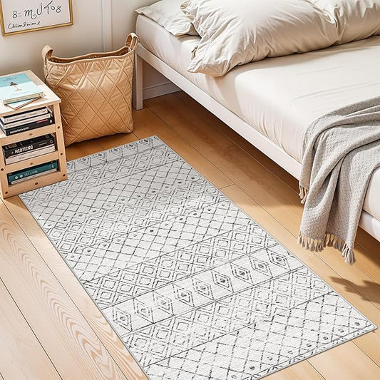 2x4 Runner Rug for Hallway: Washable Non-Slip Moroccan Rugs for Kitchen Entryway Bedroom - Soft Stain Resistant Easy Clean Mat for Family with Pets 2x4 Geo Grey