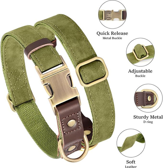 Didog Soft PU Leather Dog Collar for Large Dogs,Classic Adjustable Dog Collars with Quick Release Metal Buckle,Easy Clean and Comfortable with Nylon Lining,Olive Green,L Neck 16-23"