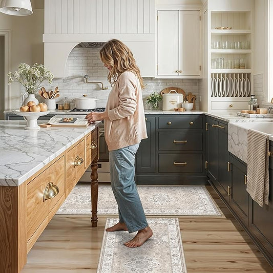 2-Piece Kitchen Runner Rug Set: Washable Non-Slip Floor Mats for Sink & Stove Cooking Area Soft Low Pile Water-Resistant Carpet for Dishwasher Fridge Fronts Durable Kitchen Island Mats(2x3+2x4,Beige)