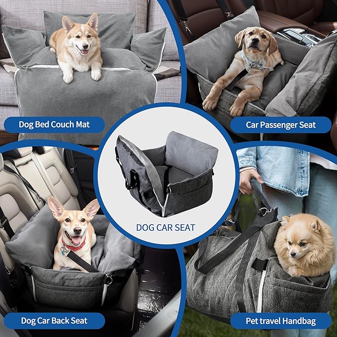 Johnear Dog Car Seat for Medium Dog Under 55 lbs, Winter Warm Pet Booster Seat Pet Travel Car Bed with 2 Pockets Safety Leash,Detachable and Waterproof Dogs Carrier Handbag Plush Seats Cushion Gray