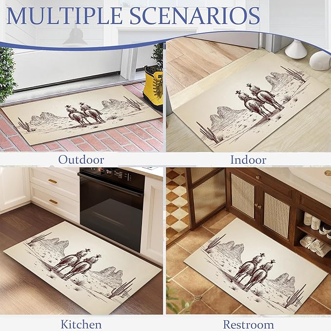 Door Mat, Western Cowboy Rugs for Front Door,Non-Slip Vintage Desert Cactus Low Profile Indoor Outdoor Welcome Mat for Entry Patio, Porch, Hallways,Kitchen 30 x 17 Inch