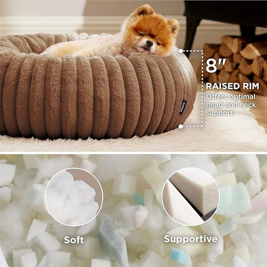 Bedsure ComfyFleece™ Donut Small Dog Bed - Dog Beds for Small Dogs with Corduroy Fleece & Anti Slip Bottom, Round Faux Fur Pet Beds with Washable Removable Cover, Camel Brown, 23x23x7 inches