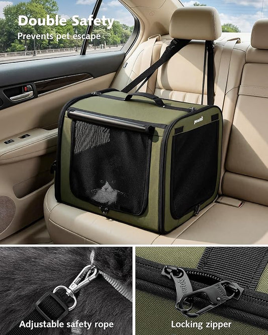 Pecute Dog Car Carrier Light Weight 19.7×16.9×14.8in, Dog Carrier Easy to Assemble, Dog Car Crate Portable and Breathable,Pet Carrier for Indoor and Outdoor, Dog Travel Crate with Curtain Green