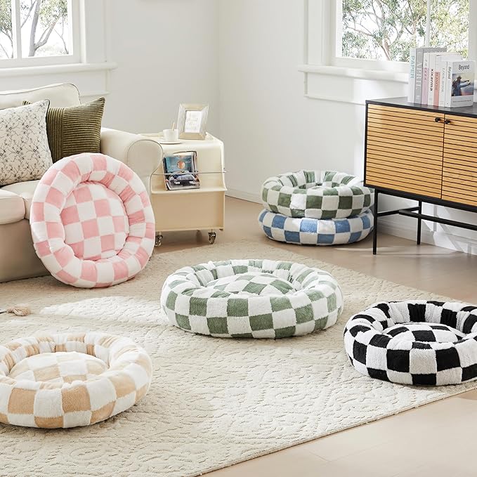 Checkered Dog Bed, Cute Black White Retro Style Aesthetic Round Warming Pet Calming Beds for Small Dog and Cats, Plush Cozy Donut Dog Beds Washable, 30" L x 30" W x 8" Th
