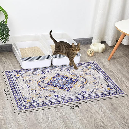 Glittme Cat Litter Mat with Non-Slip Bottom Litter Box Mat 33"X22" Litter Trapping Mat Easy to Clean Washable Cat Food Mat for Kitty,L