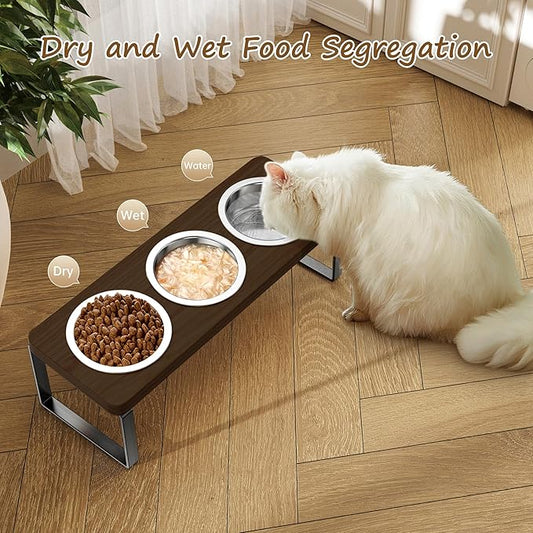 2 Pack Elevated Cat Bowls with 3 Stainless Steel Bowls | 10° Tilted Anti-Vomiting Raised Cat Food Bowl for Small Cats and Puppies Pet Bowl with Stand