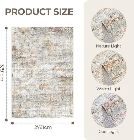 2x3 Washable Rug Runner for Bathroom, Soft Entryway Rug for Laundry Room, Kitchen, Vintage Abstract Hallway Runner for Bedroom, Anti-Slip Door Mat Indoor Entrance(2'x3', Grey/Rust)