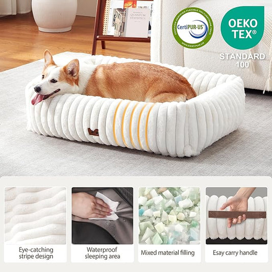 Washable Dog Bed for Small Medium Dogs - Rectangle Orthopedic Corduroy Fleece Pet Bed with Removable Cover and Nonskid Bottom, Calming Puppy Bed Soft Pet Sofa, Cream(35x25x9inchs)