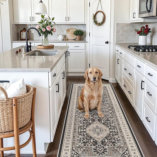 3x8 Kitchen Runner Rug Washable - Indoor Vintage Hallway Kitchen Rugs Non Slip Stain Resistant Carpet for Bedroom Dining Room Bathroom Foldable Low Pile Distressed Home Decor Mat 3x8 Black