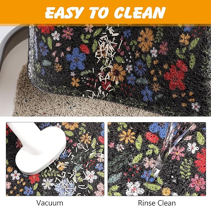Cat Litter Mat, 20x15 in Litters Box Mat Waterproof Non-Slip Easy to Clean Washable Trapping Mat for Kitty(Black Leaves)