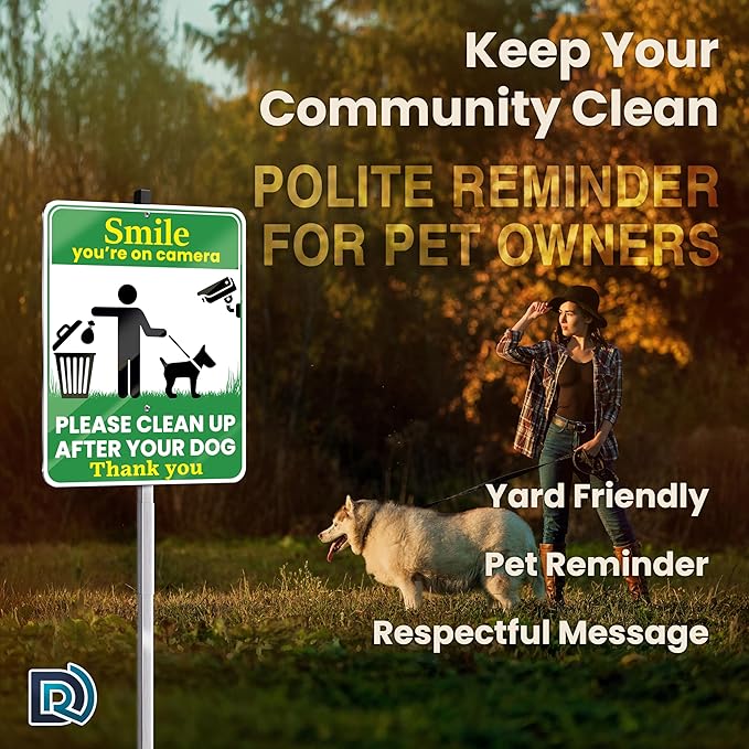 Clean Up After Your Dog Sign, Smile Youre on Camera Sign, 10 x 13 Inch Reflective Aluminum Outdoor Yard Sign with 28 Inch Metal Stake