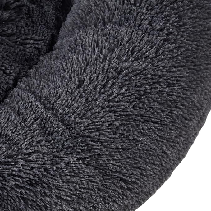 Dog & Cat Bed: Round Faux Fur Pet Bed - Plush, Cozy, & Calming Donut Bed for Large Pets - Soft & Comfortable Sleeping Cushion for Napping & Lounging, 30" Round, Dark Gray