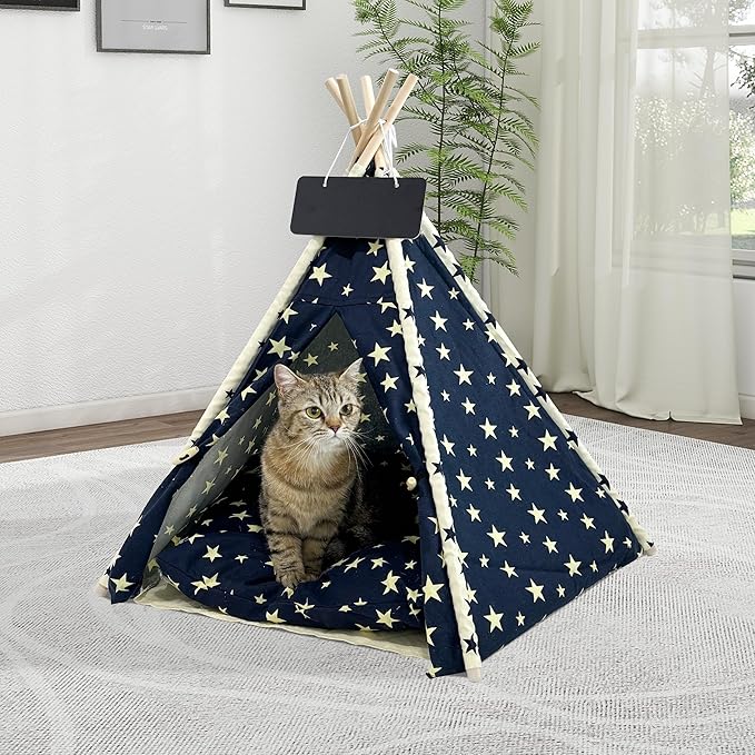 Pet Teepee Dog & Puppy Cat Tents Tipi Bed Portable Houses with Thick Cushion for Pets Up to 66lbs-Blue-M