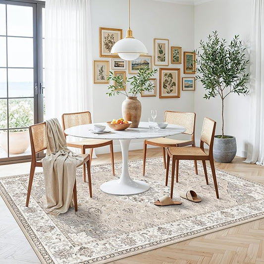 Washable 5x8 Living Room Area Rug: Vintage Water-Resistant Soft Rug for Bedroom Dining Room Non Slip Apartment Low Pile Carpet Thin Floor Mat for Dorm Home Office Printed Beside Rug(5x8,Beige)