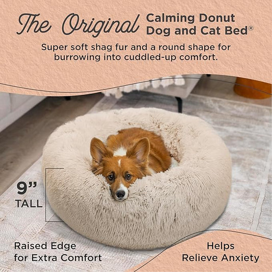 Best Friends by Sheri The Original Calming Donut Dog Bed – Washable Plush Pet Bed for Medium Breeds up to 45 lbs, Shag Faux Fur, Taupe, Medium (30" x 30")