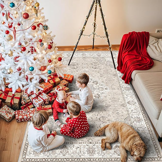 Living Room 4x6 Area Rugs: Vintage Farmhouse Washable Non-Slip Rug for Bedroom Dining Room Ultra Soft Indoor Carpet for Nursery Kitchen Durable Low-Pile Neutral Floor Mat for Pet Owners(4x6 Beige)