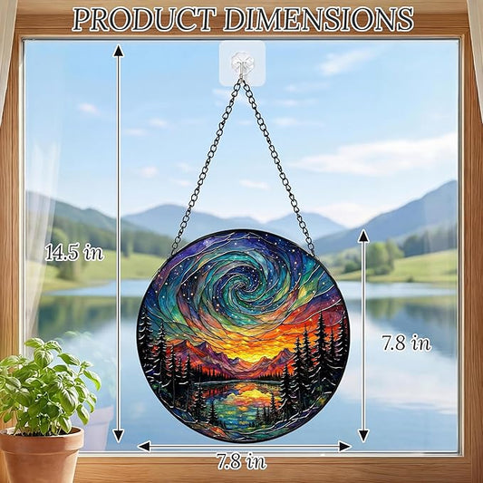 Sanwarm Stained Glass Window Hanging, Galaxy Sky Mountain Suncatcher Window Decor for Indoor Home Sun Catcher Ornament, Mother’s Day & Birthday Gift for Women, Men, Mom & Nana, 7.8 in